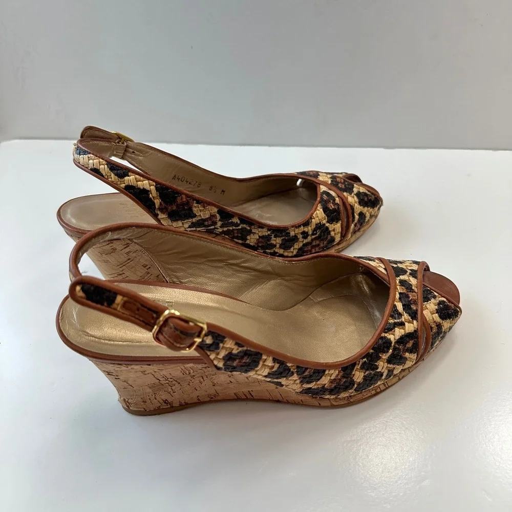 Stuart Weitzman Espadrille Wedge Sandals Leopard‎ Print Peep Toe Womens 8.5